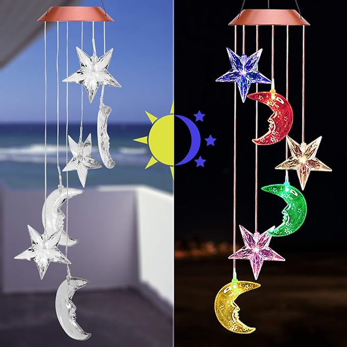Color Changing Star Moon Solar Wind Chimes Lights Gift Portable Hanging Waterproof Mobile Romantic Wind Bell Outdoor LED Solar Stars Moon Light for Mom Gift Festival Home Patio Yard Garden Decoration