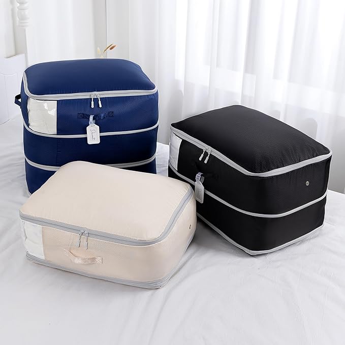 Comforter Storage Bag - Large Capacity Blanket Storage Bags 3-Layer Ultra Space Saving Self Compression Organizer, Washable Compression Bags for Storage Comforter Blanket, 4-Pack, Navy Blue