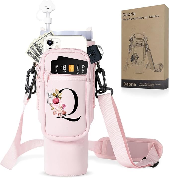 dabria Initial A-Z Water Bottle Bag with Phone Pocket for Stanley 40 oz Tumbler Neoprene Water Bottle Holder Pouch with Adjustable Strap Bollus with Straw Cover & Carabiner for Stanley Cup Accessories