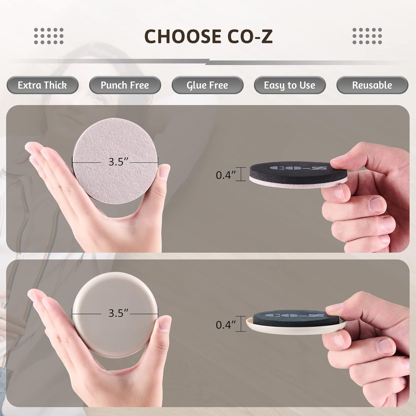 CO-Z Felt Furniture Sliders - 8 Pack with 4 Plastic & 4 Felt Sliders, 3 1/2" Reusable Furniture Sliders for Carpet Hardwood Floors, Heavy-Duty Furniture Gliders Movers, Moving Pads for Heavy Furniture