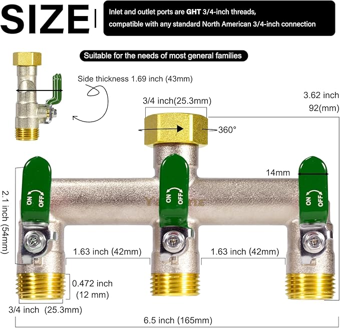 Heavy Duty Brass Garden Hose Splitter - 3-Way 3/4" GHT Thread, High Flow Faucet Splitter, Water Hose T Spigot Splitter with Shutoff Valves, Water Adapter & Connector-Long Metal Handle