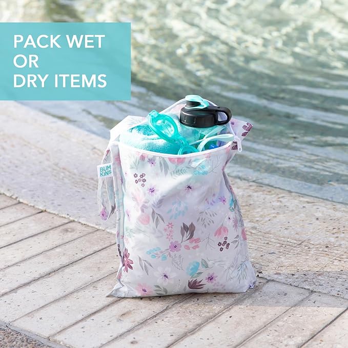 Bumkins Waterproof Wet Bag for Baby, Travel, Swim Suit, Cloth Diapers, Pump Parts, Pool, Beach, Gym Clothes, Toiletry, Hook to Stroller, Daycare, Zipper Reusable Wetdry Packing Pouch, Florals Gray