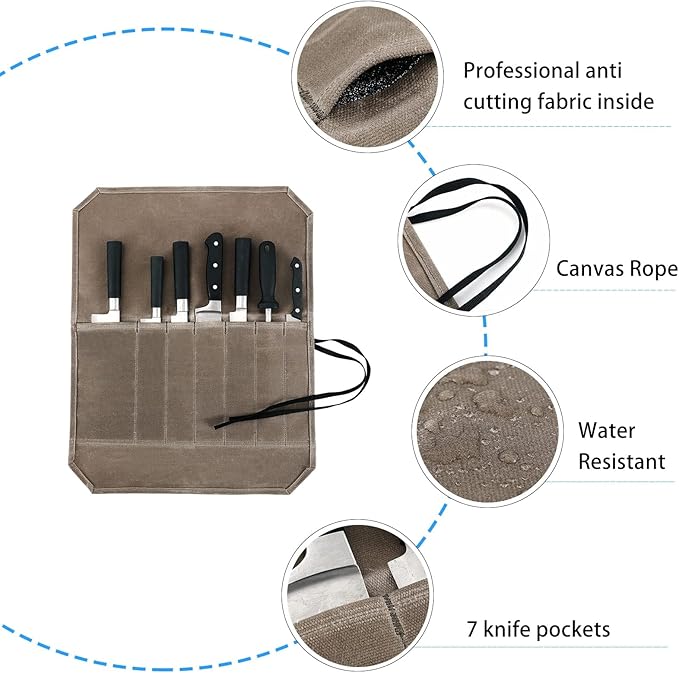 Khaki Chef’s Knife Roll Case, Waxed Canvas Cutlery Knives Holders Protectors, Home Kitchen Cooking Tools And Utensils Wrap Bag Wallet, Multi-Purpose Brush Roll Bag, Travel Tool Roll Pouch