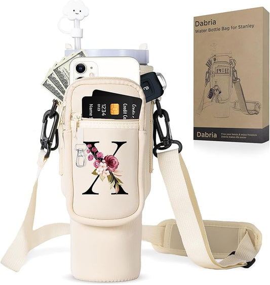 dabria Initial A-Z Water Bottle Bag with Phone Pocket for Stanley 40 oz Tumbler Neoprene Water Bottle Holder Pouch with Adjustable Strap Bollus with Straw Cover & Carabiner for Stanley Cup Accessories