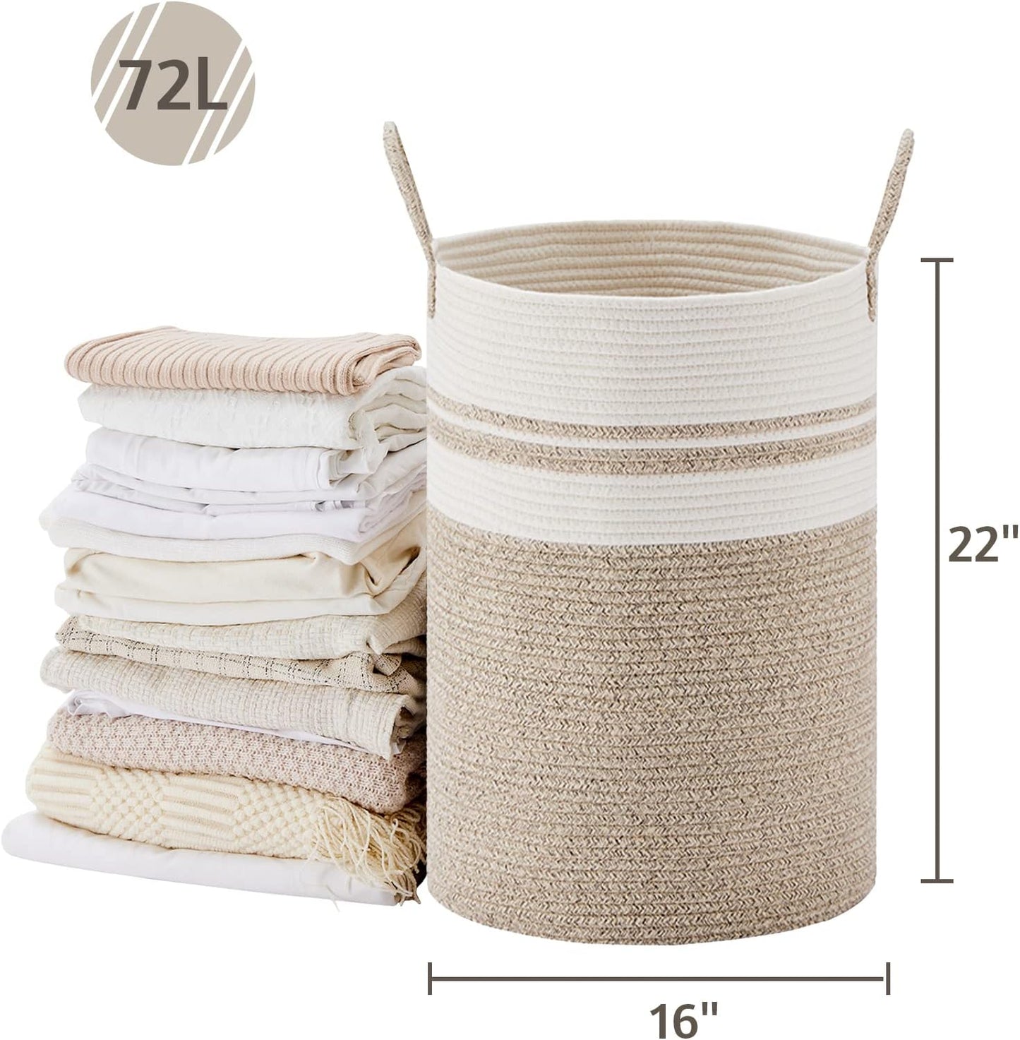 VIPOSCO Large Laundry Hamper, Tall Woven Rope Storage Basket for Blanket, Toys, Dirty Clothes in Living Room, Bathroom, Bedroom - 72L Brown & White
