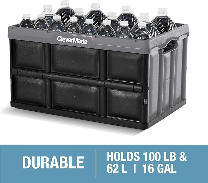 CleverMade Collapsible Storage Bins - Obsidian 3 Pack 62L - Stackable Containers Heavy Duty Capacity Folding Crates - Space-Saving for Home