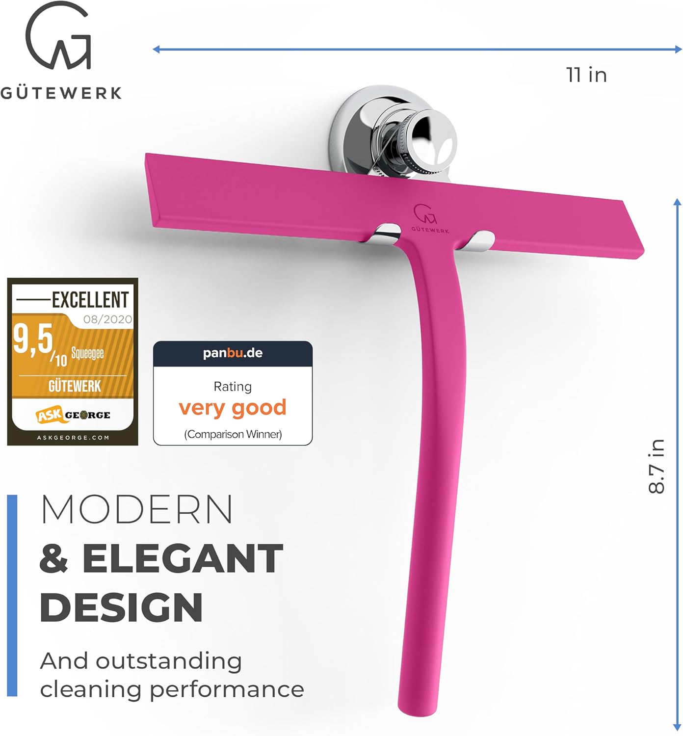 GÜTEWERK Shower Squeegee for Glass Doors, Silicone Window Squeegee, Bathroom and Glass Cleaning - Pink - 11 Inch