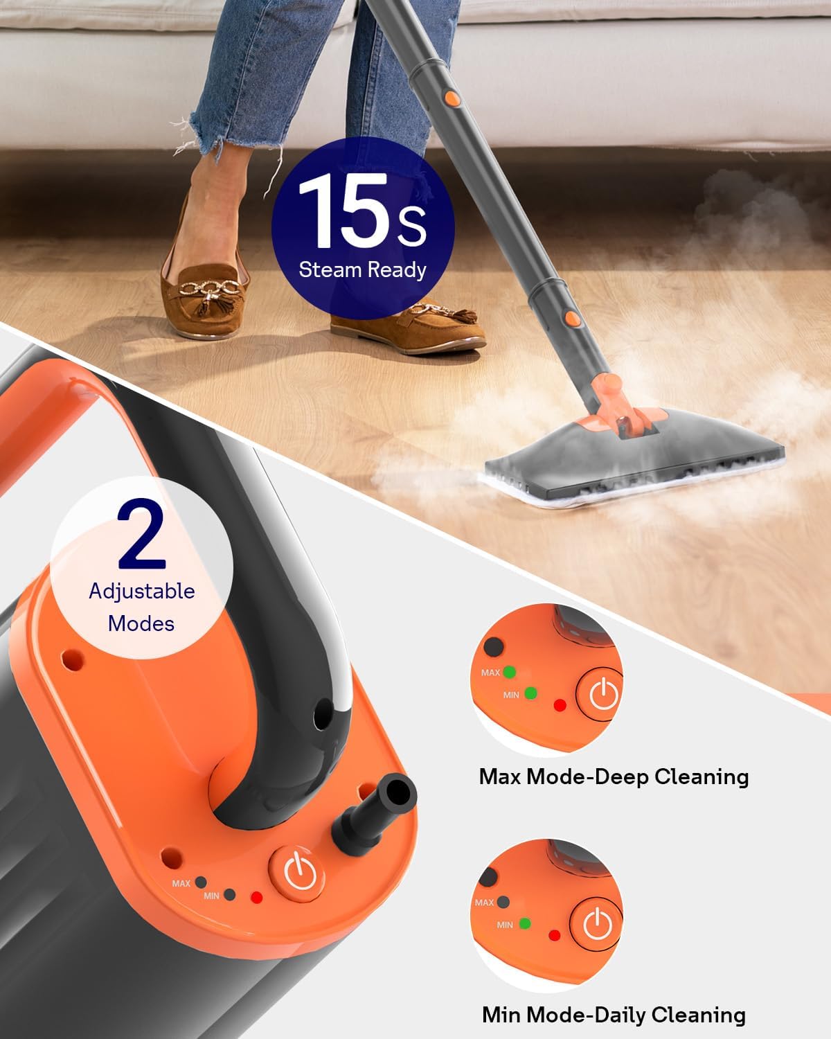 Steam Mop Cleaner with Detachable Handheld Steamer, 20 in 1 Wired Steam Cleaner with Multiple Accessories, Detachable Water Tank, Microfiber Pads for Floor Tiles Carpet and Grout Cleaning (Grey)