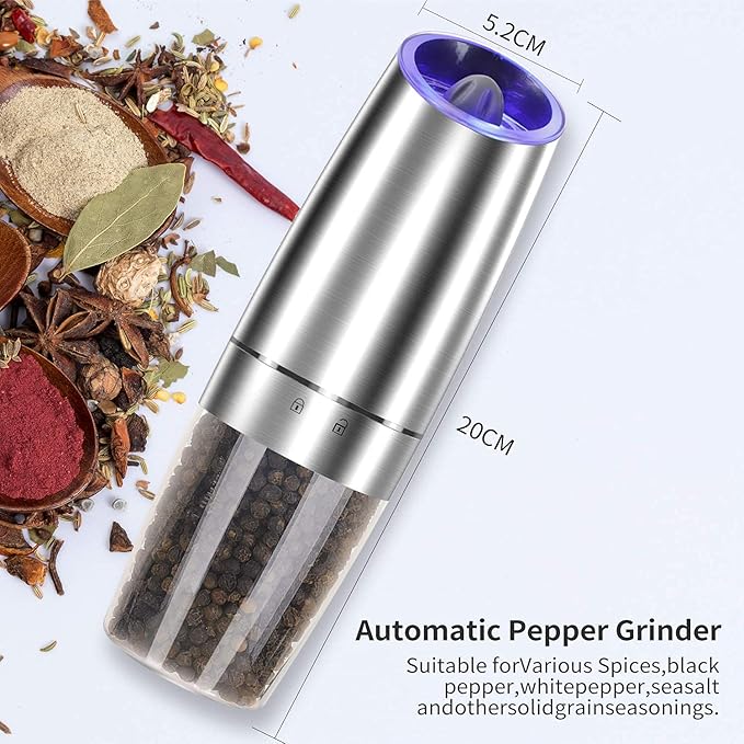 Gravity Electric Pepper and Salt Grinder Set, Adjustable Coarseness, Automatic Shakers Mill Grinder with LED Light, Battery Powered, Upgraded Larger Capacity, One Hand Operated (Sliver 2 Pack)