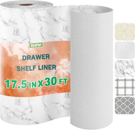 OcePor Non-Adhesive Drawer and Shelf Liner 17.5IN x 30FT，Non Slip Cabinet and Cupboard Liner, Kitchen Cabinet Liners for Shelves, Waterproof Drawer Shelf Liners for Cabinets/Bathroom Cupboard, Marble