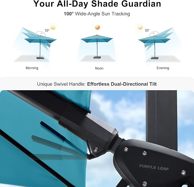 PURPLE LEAF 9.8' X 9.8' Tilting Patio Umbrella with Base Outdoor Cantilever Swivel Square Umbrella with Tilt Aluminum Offset Umbrella with 360-degree Rotation for Garden Deck Pool Patio Turquoise Blue