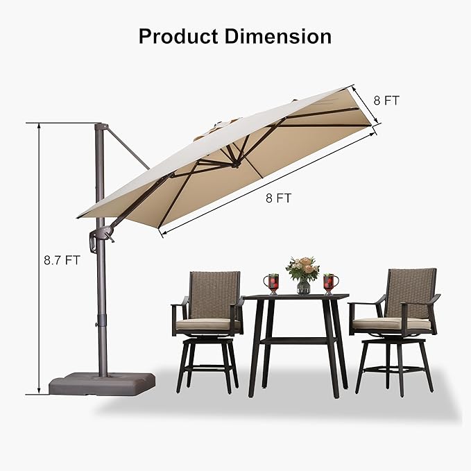 PURPLE LEAF 8 Feet Cantilever Patio Umbrella Square Umbrella with 360° Rotation and Aluminum Offset Hanging Outdoor Umbrella for Pool Garden Backyard Deck, Beige