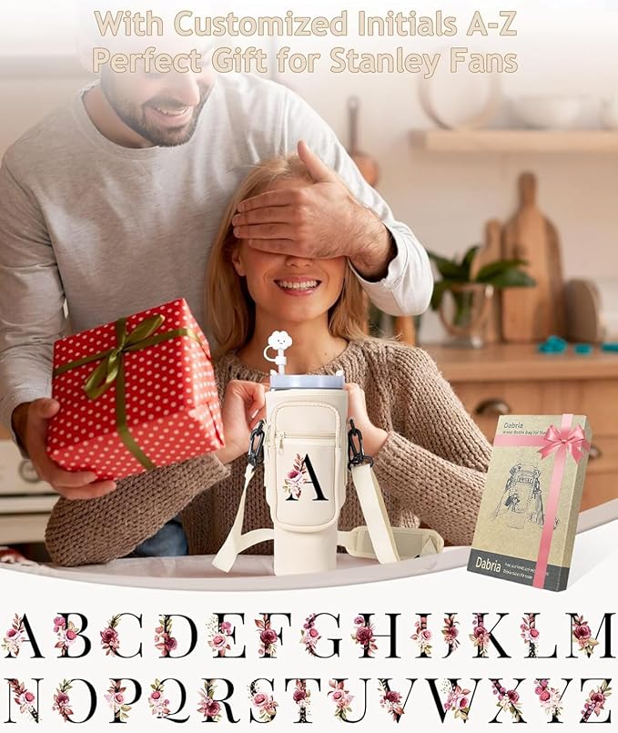 dabria Initial A-Z Water Bottle Bag with Phone Pocket for Stanley 40 oz Tumbler Neoprene Water Bottle Holder Pouch with Adjustable Strap Bollus with Straw Cover & Carabiner for Stanley Cup Accessories