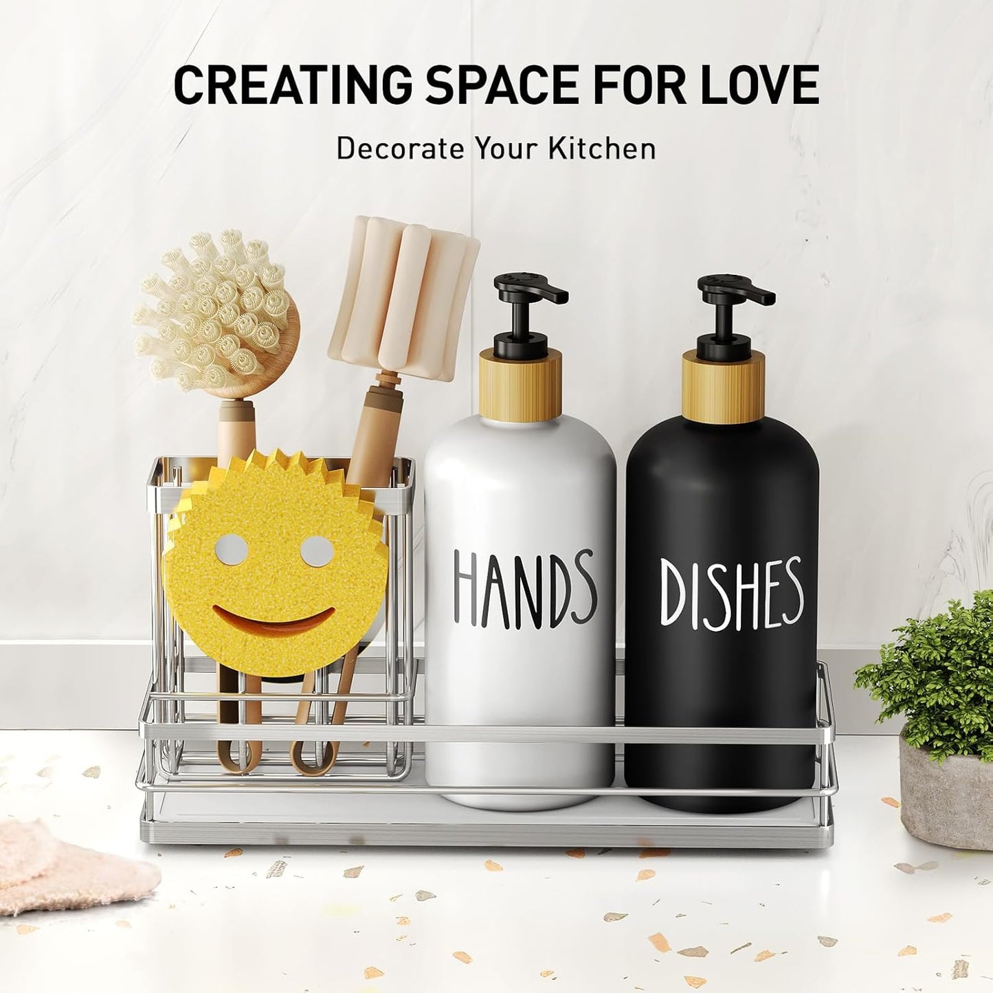 Moforoco Kitchen Dish Soap Dispenser Set, 16OZ Glass Bottle, Hand and Dish Soap Dispenser Set, Instant Dry Tray, Non-Slip Silicone Pad, Brush Holder with Smiley Face Sponge Holder, Kitchen Decor