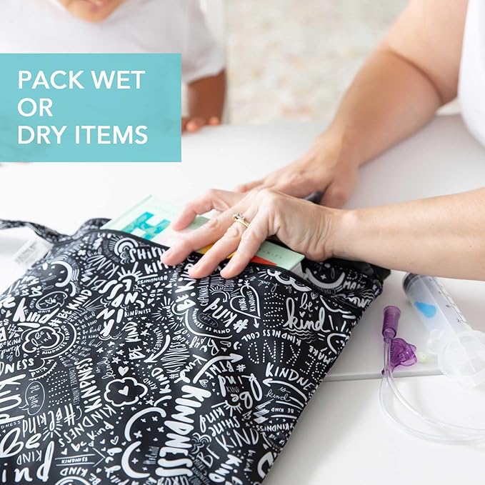 Bumkins Waterproof Wet Dry Bag for Baby, Travel, Swim Suit, Cloth Diapers, Pump Parts, Pool, Beach, Gym Clothes, Toiletry, Hook to Stroller, Daycare, Zipper Reusable Wetdry Packing Pouch, Be Kind