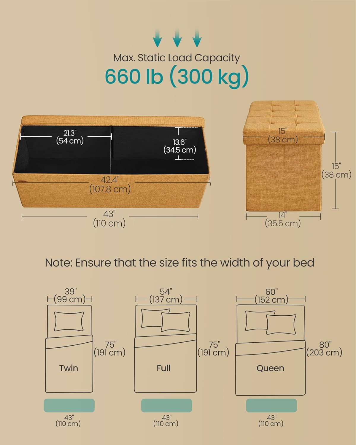 SONGMICS Mazie Collection - Storage Ottoman Bench, 43 Inches Folding Foot Rest Stool, End of Bed Bench, Easy Assembly, for Living Room, Bedroom, Entryway, Ginger ULSF077K04