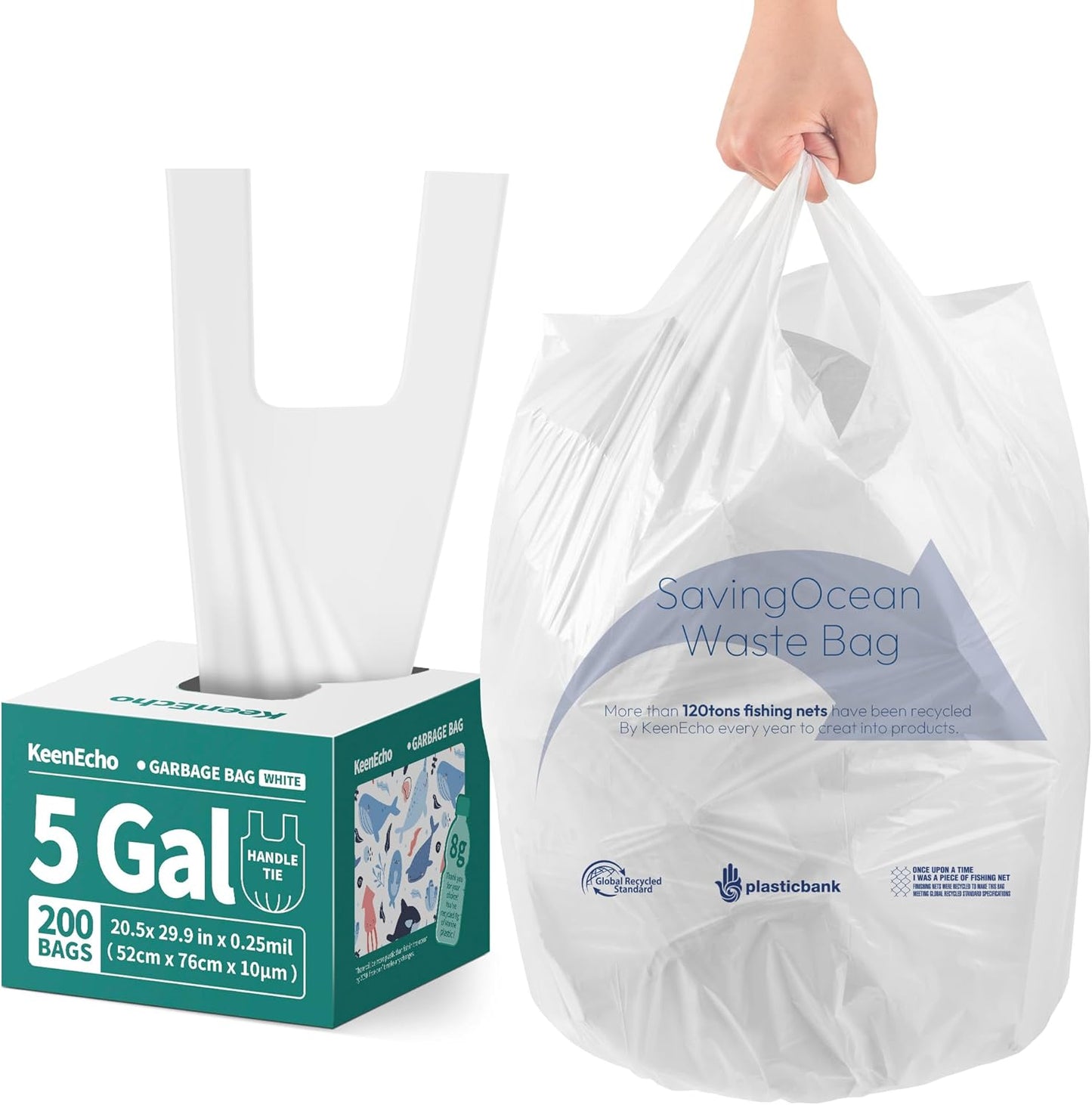 Small Trash Bags with Handles 5 Gallon 200 Count White - Ocean Plastic Upcycling - Plastic Garbage Bags, Can Bin & Waste Basket Liner for Kitchen, Bathroom, Office and Pets