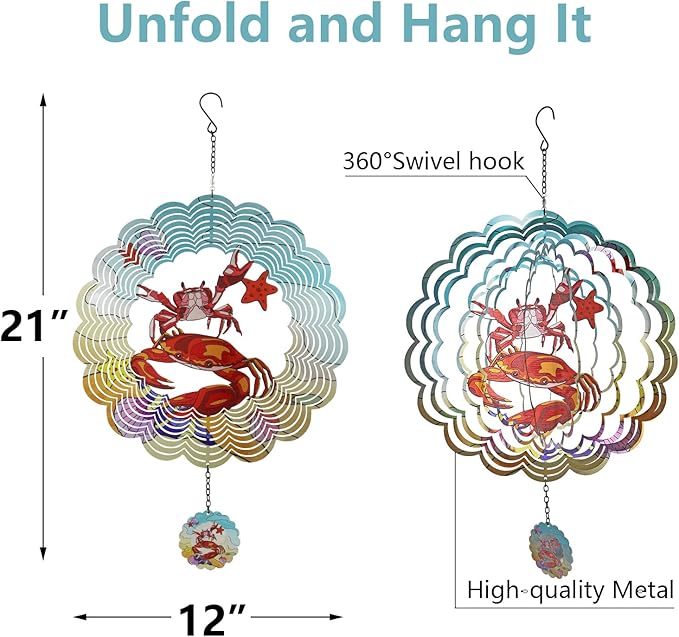 Crab 3D Wind Spinner Kinetic Metal Art Hanging Wind Spinner Outdoor Decoration Ocean Ornaments Decor for Yard and Garden