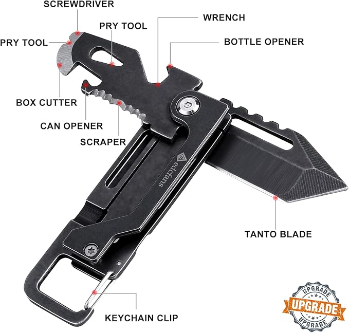 edcfans Keychain Knife, Carabiner Multitool, Tanto Pocket Knife with Key Clip, Box Cutter, Can/Bottle Opener, Screwdriver Wrench, Pry Tools, EDC Hiking Camping Gear, Gifts for Men Women Everyday Carry