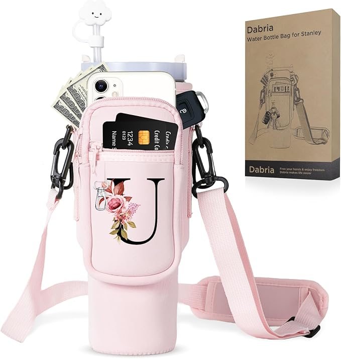 dabria Initial A-Z Water Bottle Bag with Phone Pocket for Stanley 40 oz Tumbler Neoprene Water Bottle Holder Pouch with Adjustable Strap Bollus with Straw Cover & Carabiner for Stanley Cup Accessories