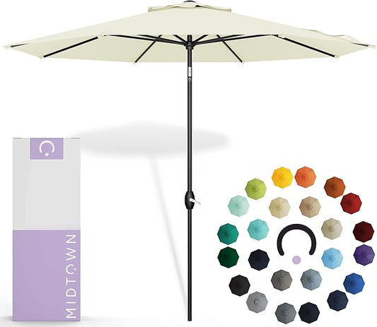Midtown Umbrellas Sunbrella Umbrella 8 Feet Outdoor Umbrella With Sunbrella Canvas Natural Acrylic Fabric - Auto-Tilt Aluminum Frame Patio Umbrella For Backyard, Deck, Garden, Pool - Black Pole