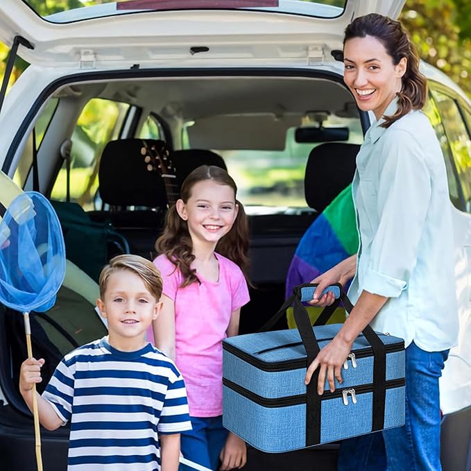 Double Insulated Casserole Carrier, Portable Casserole Carrier for Hot or Cold Food Lunch Tote Warmer or Cooler Bag, Lasagna Lunch Bag for Potluck Parties- Fits 9" x 13" Baking Dish-Azure