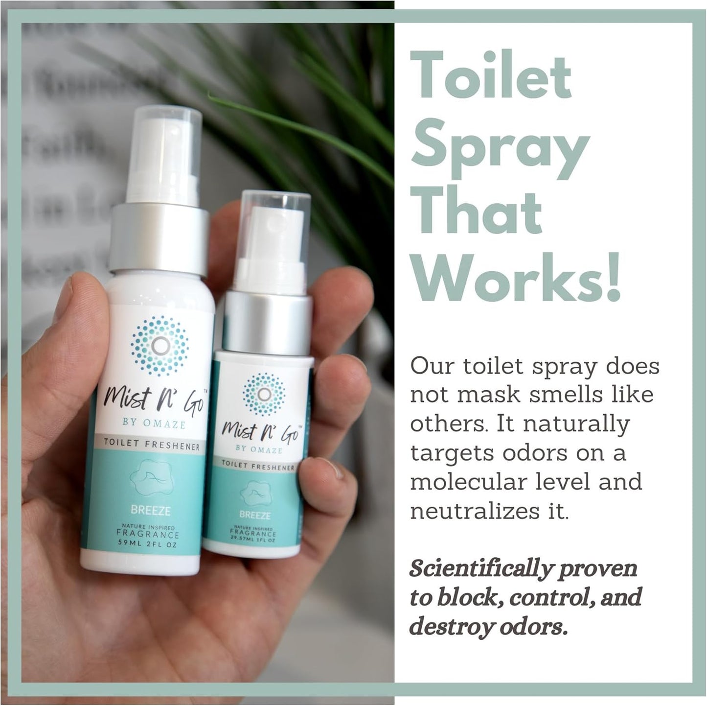 Mist N’ Go by Omaze Travel Bathroom Spray for Toilet Spray Odor Eliminator - Travel Toilet Spray for Bathroom Air Freshener Spray for Bathroom Deodorizer - Breeze Travel Size (1oz x2)