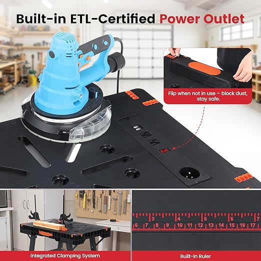 Express Folding Work Table Easy Setup Portable Workbench with 1000lbs Load Capacity Lightweight Versatile Workstation with 2 Clamps, 2 Clamp Dogs, Power Strip for Garage Workshop Home