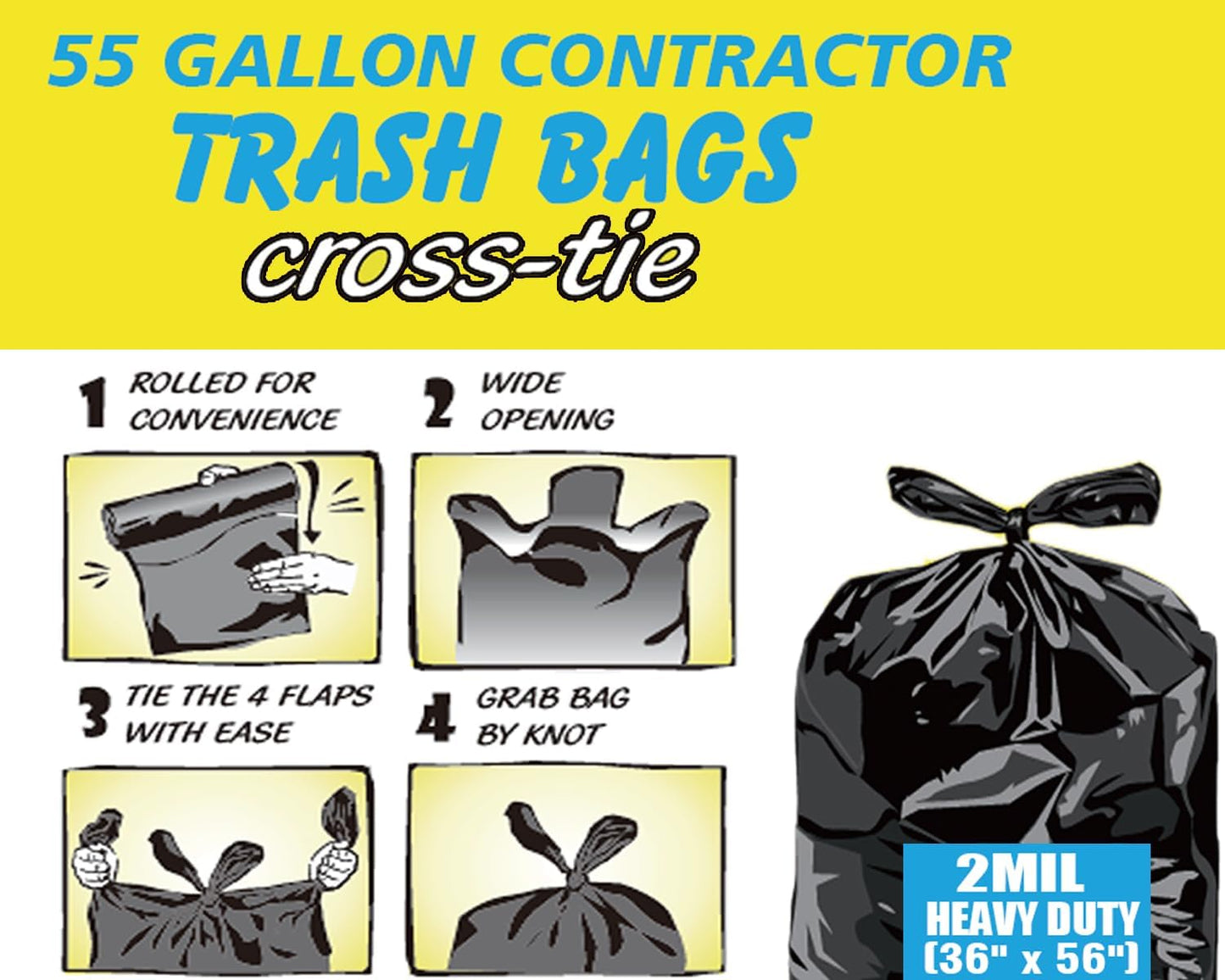 Contractor Heavy Duty Trash Bags 55 Gallon | 26 Count | 2 MIL | 36" X 56" | Large Black Flap Tie Construction Garbage Bags for Business Home Commercial, Industrial, Storage, Outdoor