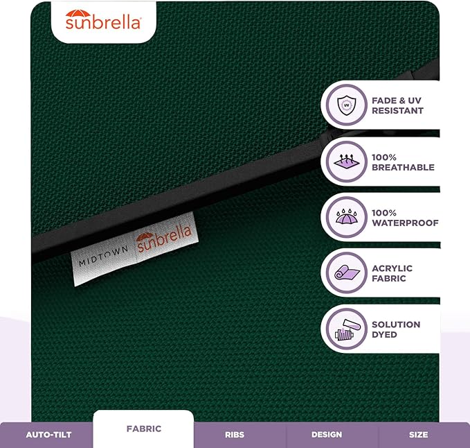 Midtown Umbrellas Sunbrella Umbrella 8 Feet Outdoor Umbrella With Sunbrella Forest Green Acrylic Fabric - Auto-Tilt Aluminum Frame Patio Umbrella For Backyard, Deck, Garden, Pool - Black Pole