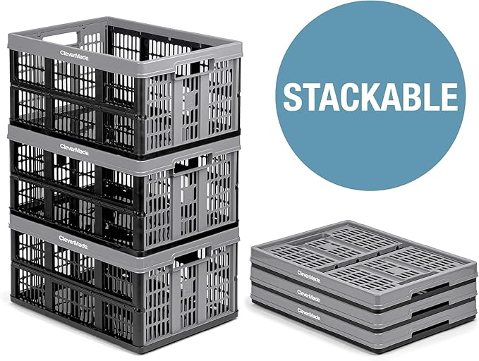 CleverMade Collapsible Utility Crates-Obsidian 1pck 45L / 11 Gal holds 66 lbs - Stackable Containers Heavy Duty Capacity Crates - Space-Saving Baskets