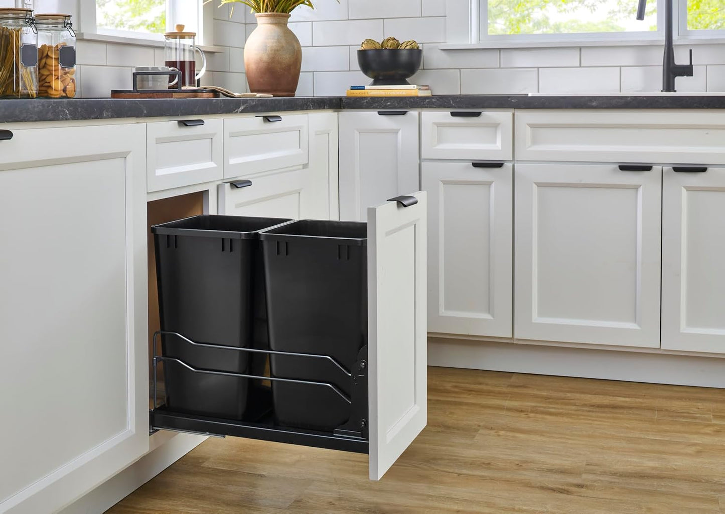 Rev-A-Shelf Double Pullout Trash Cans for Under Kitchen Cabinets 35 Quart 8.75 Gallon with Soft-Close Slides, Orion Gray, 53WC-1835SCDM-213