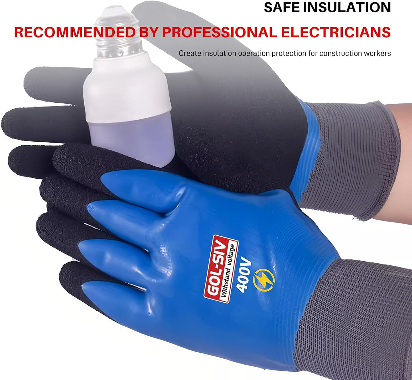 Double Insulated Electrical Gloves,400V Low Voltage Electrician Safety Gloves,Rubber Non Slip Work Gloves For Men (Blue,Large)