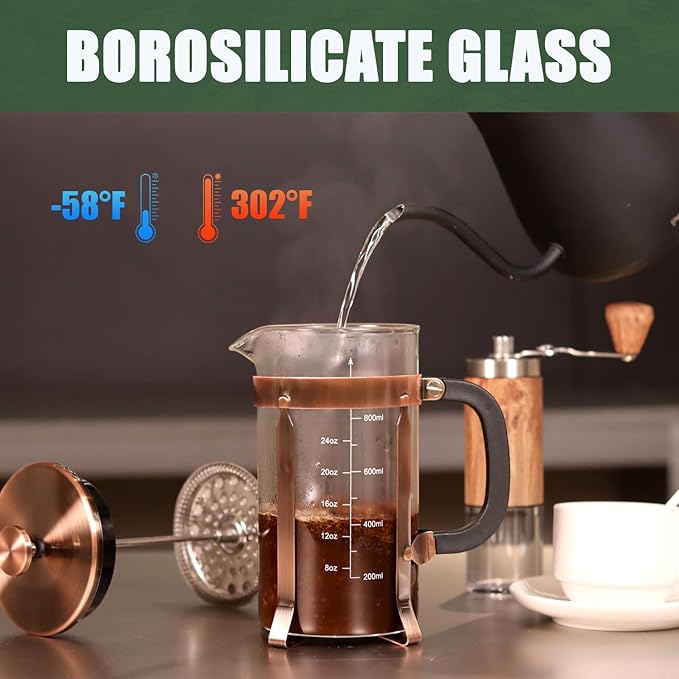 High - Quality 21 Ounce / 600ML French Press - Stainless Steel & Heatproof Glass, 4 - Filter Design - Make Cold Brew, Espresso, Coffee & Tea with Ease