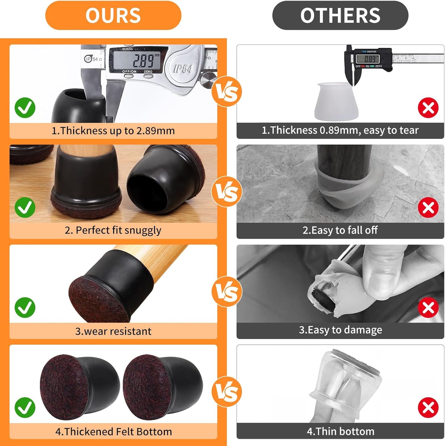 Ezprotekt 24 Pcs Extra Large Chair Leg Floor Protectors for Hardwood Floors, Felt Furniture Pads Covers, Floor Protectors for Chair, Round Bar Stool Leg Protectors Caps (XL Fit: 1.4"-1.65", Black)