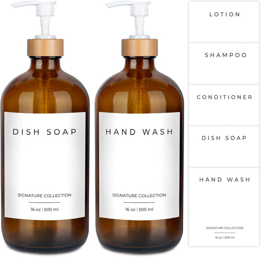 Emerson Glass Soap Dispenser Set - Kitchen & Bathroom, 16 Oz, 2 Pack with Pump and Labels