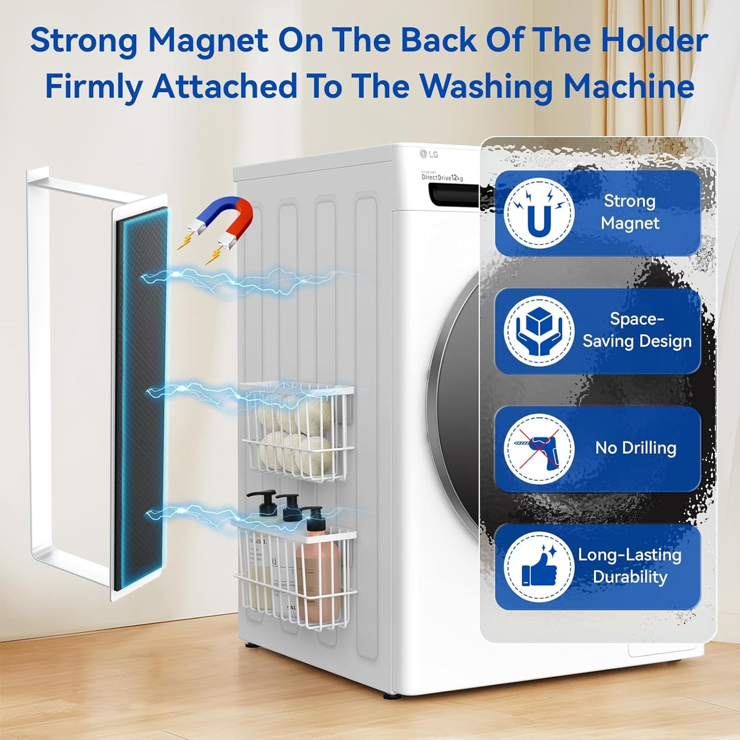 Magnetic Dryer Ball Holder and Magnetic Hanger Holder for Laundry Room Organization and Storage, Magnetic Lint Bin for Laundry Room, Iron Basket Dryer Ball Container for Laundry Room Storage (White)