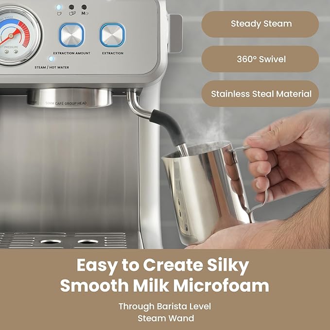 Gevi [2024 Upgraded Dual Boiler Espresso Machine EzBru 2000 | 58mm Grouphead | Barista Level Steam Wand | Built-in Grinder With 31 Size Settings | Full Stainless Steel Housing | Sterling Silver