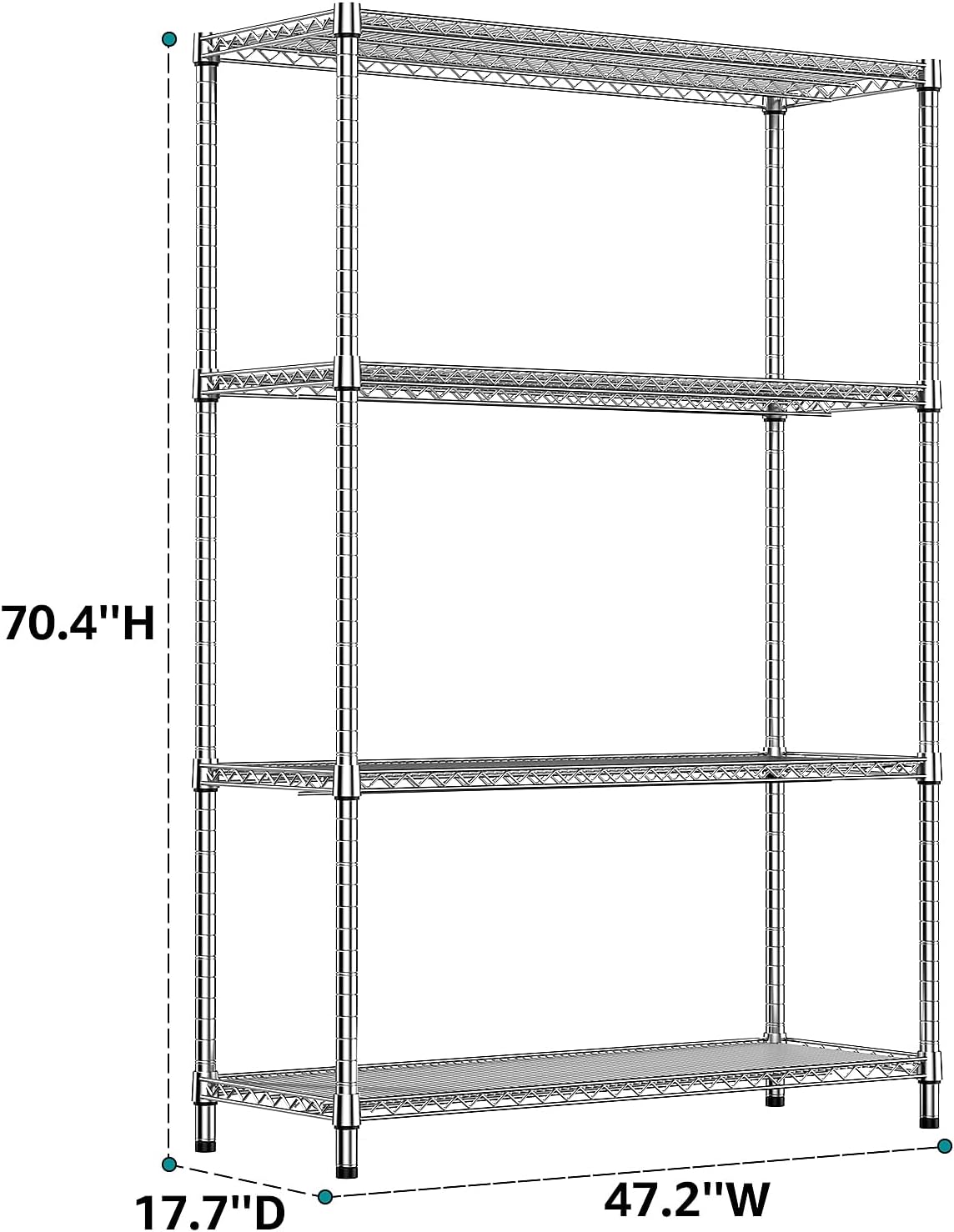 IZEUK 3400 LBS Garage Shelving Wide Storage Shelves 4 Tier Metal Shelves Heavy Duty Adjustable Utility Shelf Rack Chrome 17.7" D x 47.2" W x 70.4" H