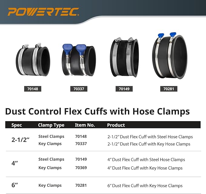 POWERTEC 70337-P6 2-1/2" Dust Control Flex Cuff w/Adjustable Key Hose Clamps, Hose Connector Rubber Cuff Coupler for Woodworking Dust Collection Fittings, Dust Collector Accessories & Machinery, 6 PK