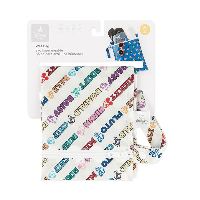 Bumkins Disney Waterproof Wet Bag for Baby, Travel, Swim Suit, Cloth Diaper, Pump Parts, Pool, Beach, Gym Clothes, Toiletry, Hook to Stroller, Daycare, Zipper Reusable Wetdry, Mickey and Friends White