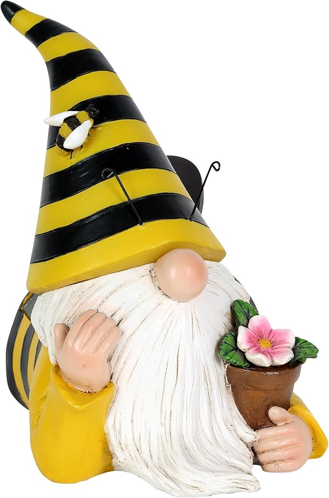 Exhart Solar Beekeeper Garden Gnome Statue, LED Hat, Flowers,Hand Painted Cute Yard Décor,5.5" x 8.5”