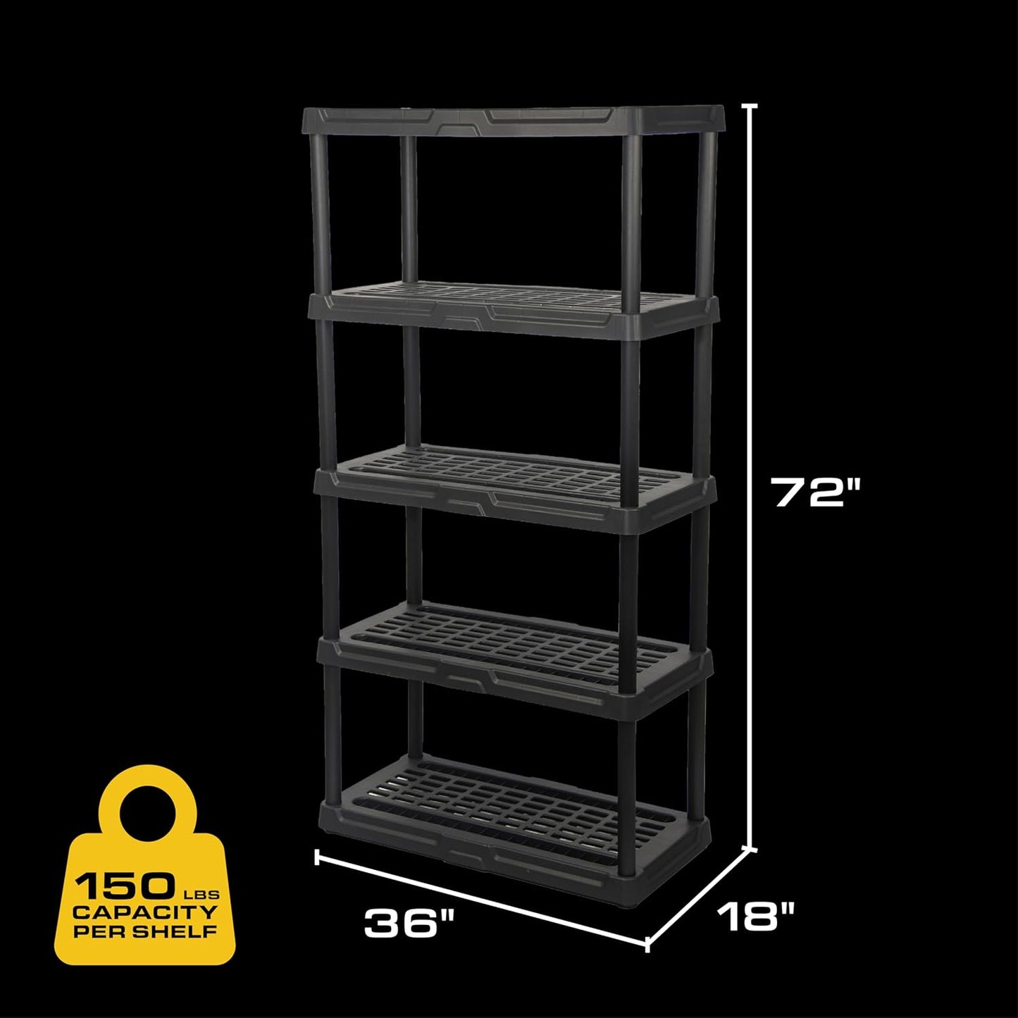 CX 5-Tier (72”H x 36”W x 18”D) Plastic Storage Shelving Unit (Black), Heavy Duty, 150lbs Per Shelf Capacity, Indoor/Outdoor Storage and Organization in Home, Garage, Office with Easy Assembly