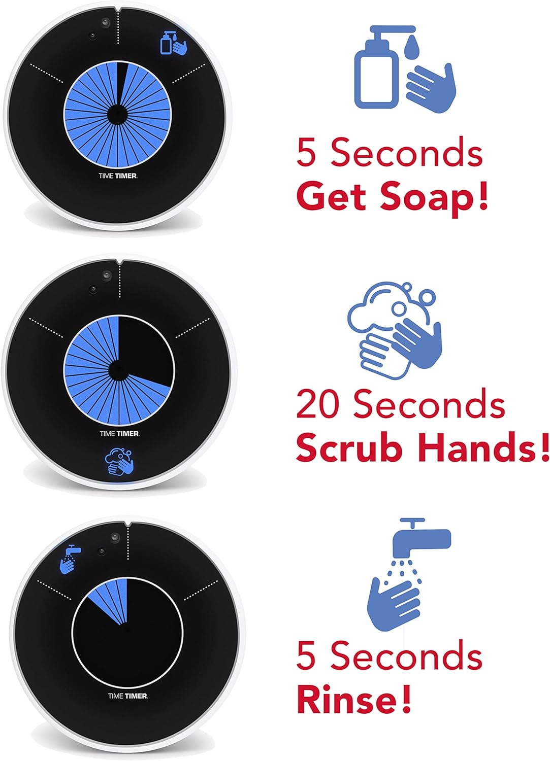 TIME TIMER WASH — 30 Second Visual Timer Promoting Proper Hand Washing for Preschool, Kindergarten and Adults, Hands Free, Touch-Less Handwashing, Bathroom Timer with Optional Music Sound