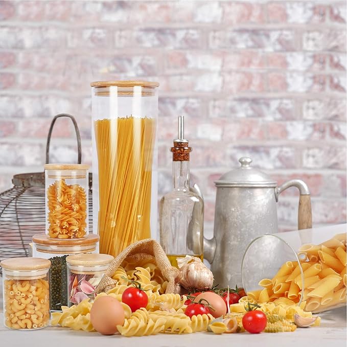 Glass Food Storage Containers Jars with Airtight Bamboo Lid 16 oz 9 pcs, 490 ml Pantry Organization Jar, Glass Terrarium with Lid, Spice, Flour and Sugar Container, Canister Set for Kitchen Counter