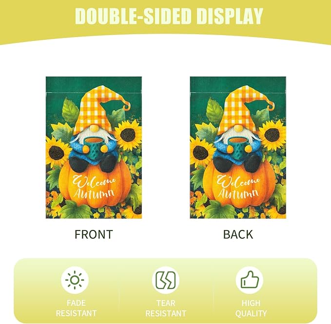 ROTERDON Fall Gnome Garden Flag 12x18 Inch, Welcome Autumn Sunflower Garden Flags Double Sided for Outside, Party Holiday Burlap Farmhouse Yard Outdoor Decoration