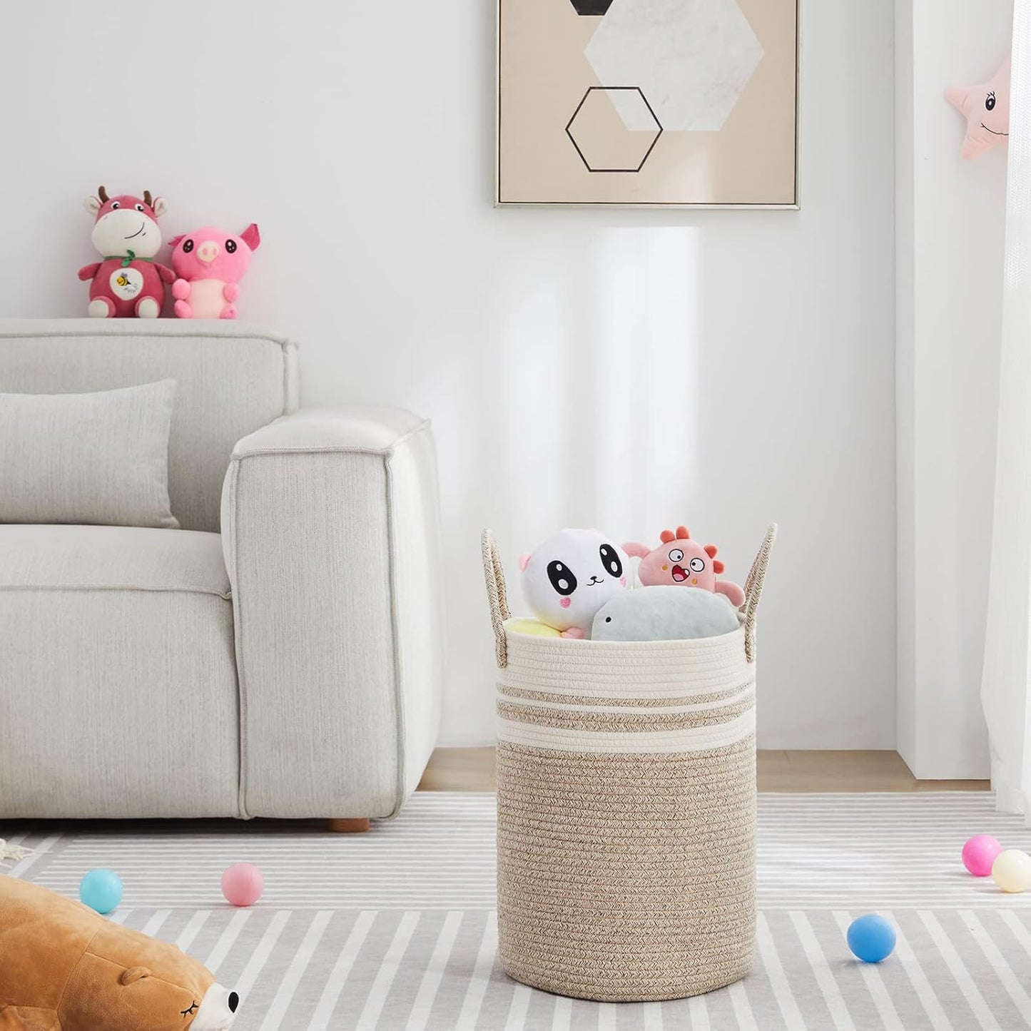 VIPOSCO Tall Laundry Hamper, Woven Rope Storage Basket for Blanket, Toys, Dirty Clothes in Living Room, Bathroom, Bedroom - 30L Brown & White