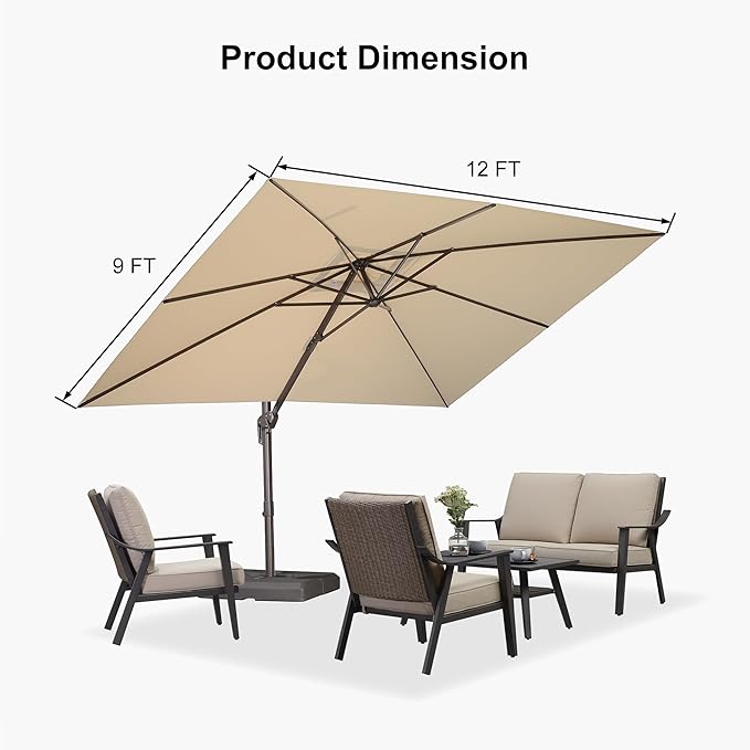 PURPLE LEAF 9' X 11.5' Rectangle Cantilever Umbrella Patio Umbrella Outdoor Aluminum Offset Hanging Umbrella with 360-degree Rotation for Pool Garden Backyard Deck, Beige