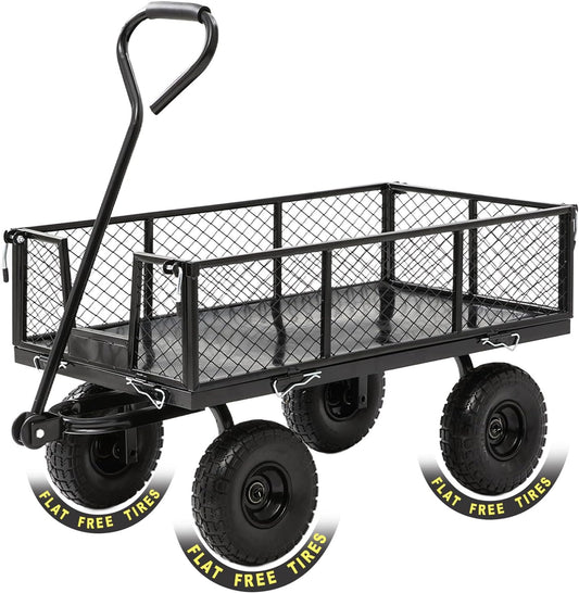 Garden Wagon Cart Heavy Duty 880 LBS Steel Utility Cart with All-Terrains 3.50-4" Solid Wheels 10" Tires, 180° Rotating Handle, Removable Sides, Laser-Welded Frame & Multi-Surface
