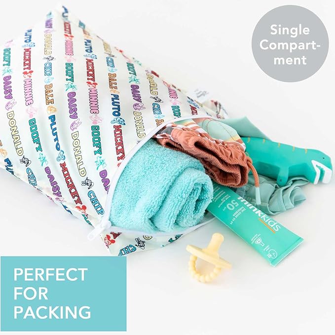 Bumkins Disney Waterproof Wet Bag for Baby, Travel, Swim Suit, Cloth Diaper, Pump Parts, Pool, Beach, Gym Clothes, Toiletry, Hook to Stroller, Daycare, Zipper Reusable Wetdry, Mickey and Friends White